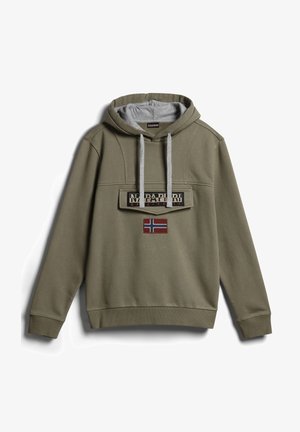 Olivengrøn hættetrøje med grå hætteforing og snore, frontlommeklap med "Napapijri" logo og norsk flag-patch nedenunder.