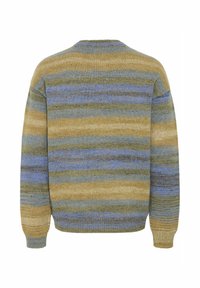 Strickpullover mit horizontalen Streifen in Grün, Blau und Beige. Verfügt über einen runden Ausschnitt und gerippte Bündchen. Weiches, mittelschweres Material.