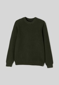Pull en tricot vert foncé avec un col rond, des manches longues et un tissu texturé. Comprend des poignets et un ourlet côtelés pour un ajustement près du corps.