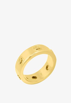 Gold band ring with engraved circular logos evenly spaced around the exterior and a smooth, polished finish.