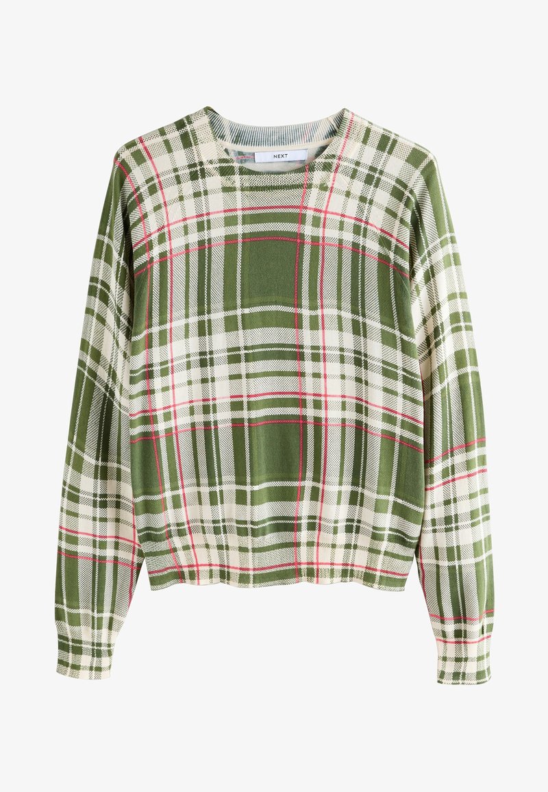 Pull à manches longues et col rond avec motif à carreaux verts, blancs et rouges, en tissu tricoté, étiquette "Next" à l'intérieur du col.