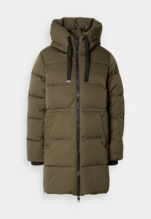 Olive-green puffer jacket with a padded design, adjustable hood, and black zipper. Features side pockets and ribbed cuffs for added warmth.