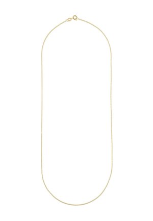 Goldplattierte Metallkette, dünn und rund geformt, mit einem Karabinerhakenverschluss und einer glatten, glänzenden Oberfläche.