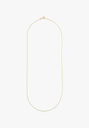 Goldplattierte Metallkette, dünn und rund geformt, mit einem Karabinerhakenverschluss und einer glatten, glänzenden Oberfläche.