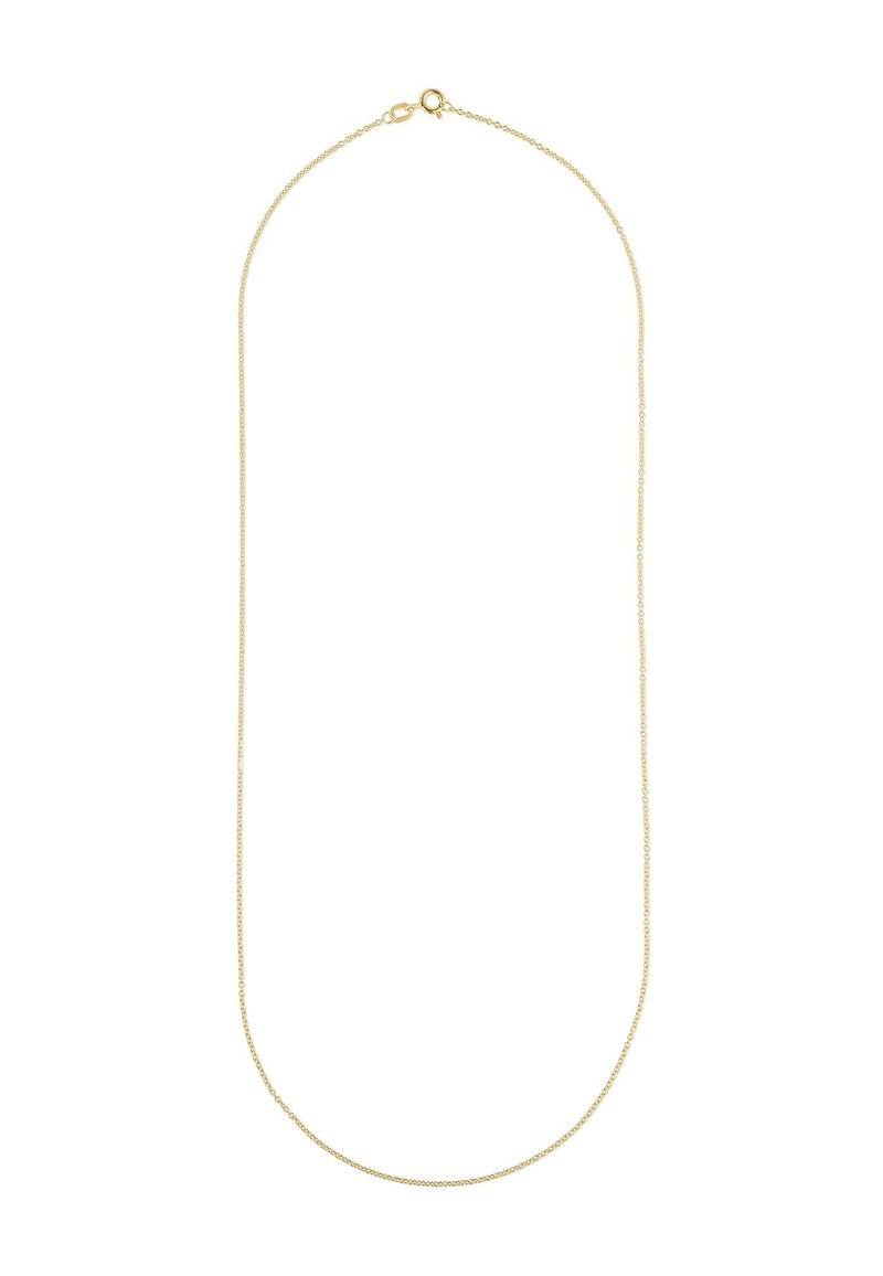 Goldplattierte Metallkette, dünn und rund geformt, mit einem Karabinerhakenverschluss und einer glatten, glänzenden Oberfläche.