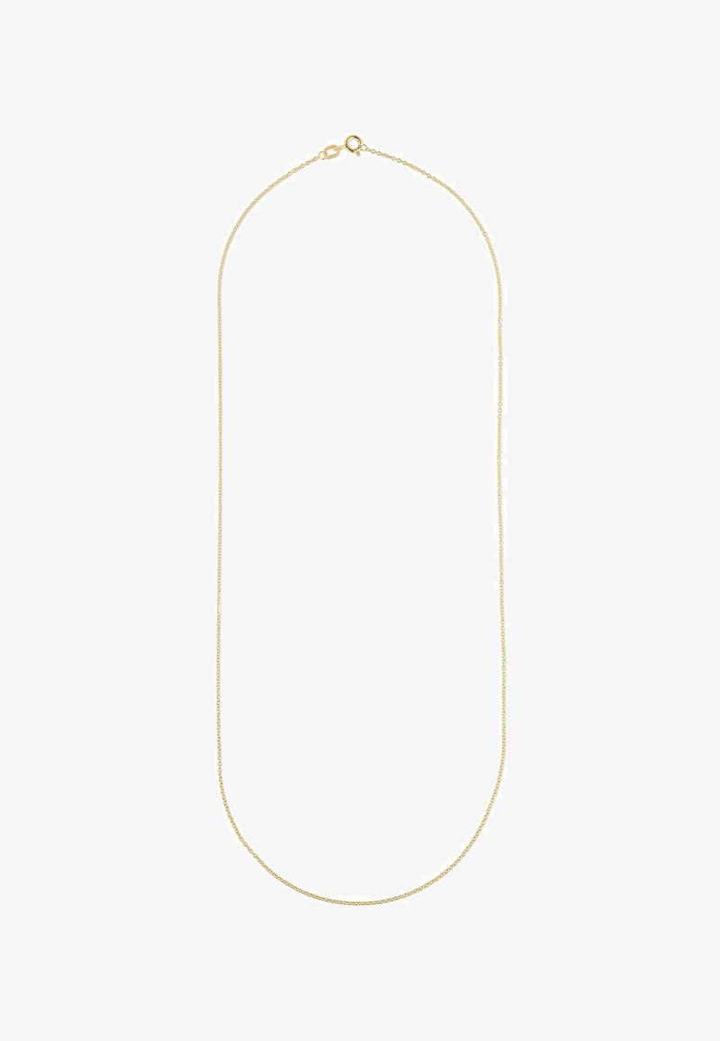 Goldplattierte Metallkette, dünn und rund geformt, mit einem Karabinerhakenverschluss und einer glatten, glänzenden Oberfläche.