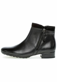 Schwarze Leder-Ankle-Boots mit einem glatten Finish, seitlichem Reißverschluss, kurzem Blockabsatz und einem weichen Stoffaufschlag am oberen Rand. Flache Gummisohle.