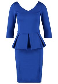 Sininen peplum-mekko, jossa on kiinteä hame, kolmasosa-hienot hihat ja V-pääntie, valmistettu joustavasta materiaalista, jolla on sileä rakenne.