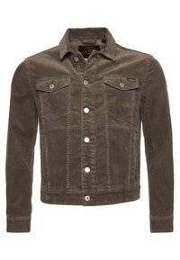 Giacca in corduroy marrone con maniche lunghe, chiusura frontale con bottoni, due tasche a petto e righe texturate. Design con colletto e vestibilità classica.