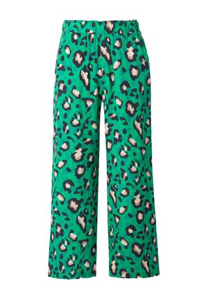 Pantaloni larghi verdi con motivo a stampa leopardata in nero e beige, con una cintura elastica per il comfort. Tessuto morbido e testurizzato.