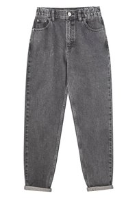 Jean en denim noir taille haute, coupe loose, avec cinq poches, fermeture à bouton et zip, et ourlets retroussés pour un look fuselé.