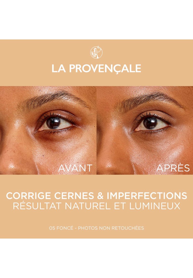 Images avant et après de la zone autour des yeux. Le teint de la peau apparaît lisse et légèrement brillant. Des textes superposés mettent en évidence les avantages du produit et la teinte.