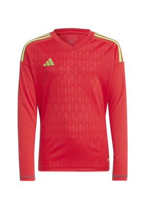 Red long-sleeve jersey with a V-neck, featuring a diamond pattern, three green stripes on shoulders, and an Adidas logo on the chest.