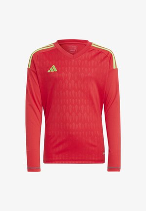 Rood langemouwen trui met een V-hals, voorzien van een ruitpatroon, drie groene strepen op de schouders en een Adidas-logo op de borst.