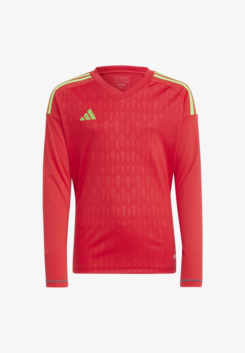 Rotes Langarm-Trikot mit V-Ausschnitt, das ein Rhombenmuster aufweist, drei grüne Streifen auf den Schultern und ein Adidas-Logo auf der Brust.