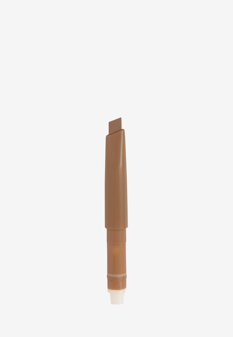 Evidenziatore marrone con punta quadrata, caratterizzato da un corpo in plastica liscia e una base traslucida. Design semplice e funzionale senza motivi.