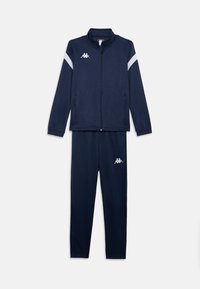 Marine trainingspak gemaakt van zachte stof, met een ritsjack met witte accenten en bijpassende broek, beide met logo-detail.