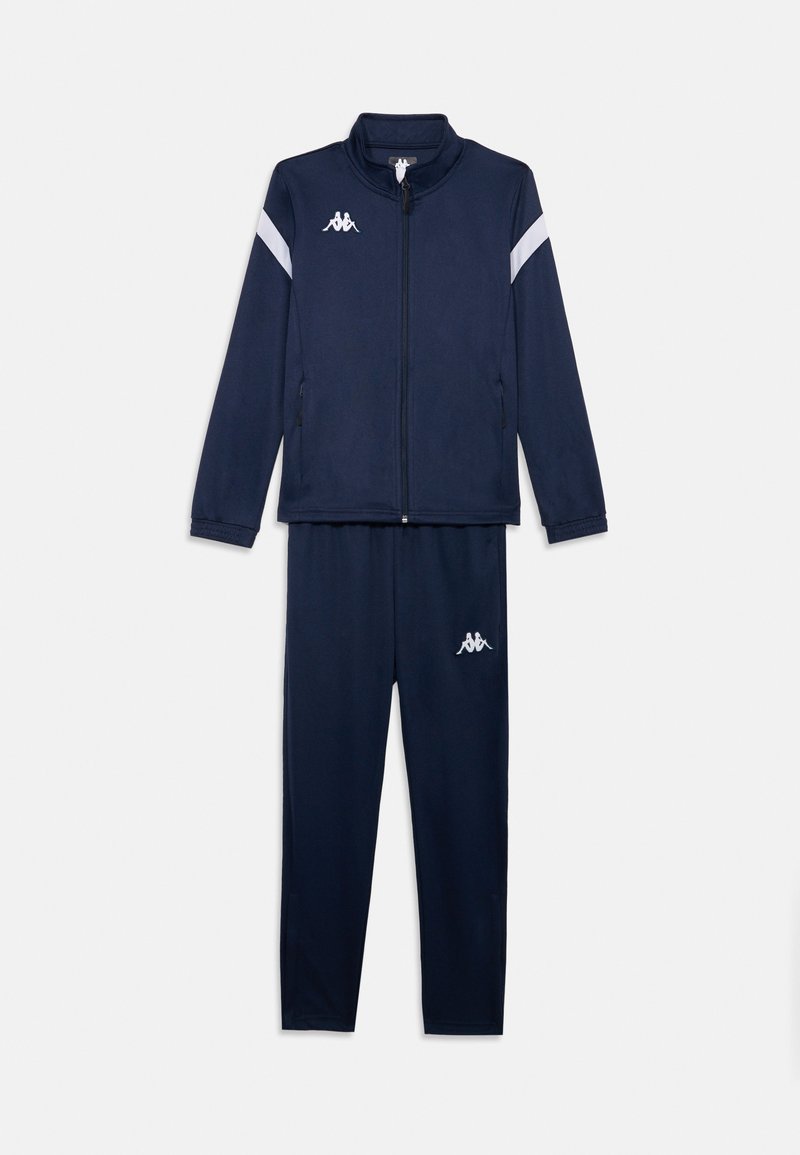 Marine trainingspak gemaakt van zachte stof, met een ritsjack met witte accenten en bijpassende broek, beide met logo-detail.