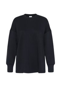 Zwarte longsleeve crewneck sweatshirt met verlaagde schouders en geribbelde manchetten, getoond op een witte achtergrond.