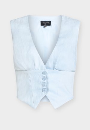 Ανοιχτό γαλάζιο αμάνικο γιλέκο με βαθύ V-λαιμόκοψη, τέσσερα κουμπιά μπροστά, εφαρμοστή μέση και ετικέτα μάρκας Bardot στο εσωτερικό του γιακά.