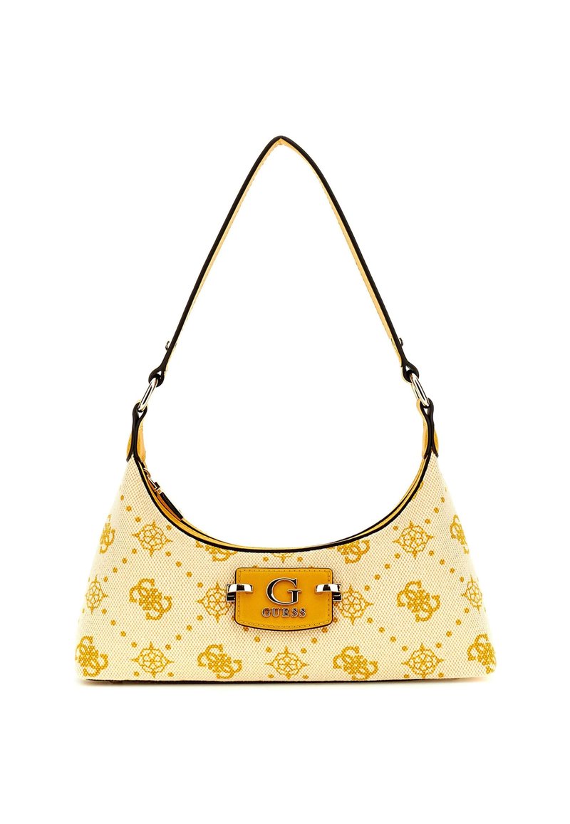 Borsa hobo in tela crema con motivo a logo giallo. Presenta un manico curvo nero e una vistosa placca con logo giallo in metallo argento.