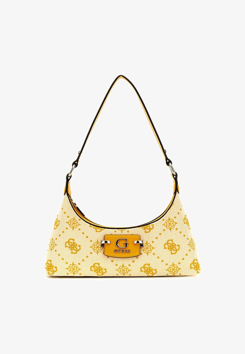 Kremo spalvos hobo rankinė iš drobės su geltonu logotipo motyvu. Pasižymi išlenkta juoda petneša ir ryškiu geltonu logotipo ženkleliu su sidabrinėmis detalėmis.