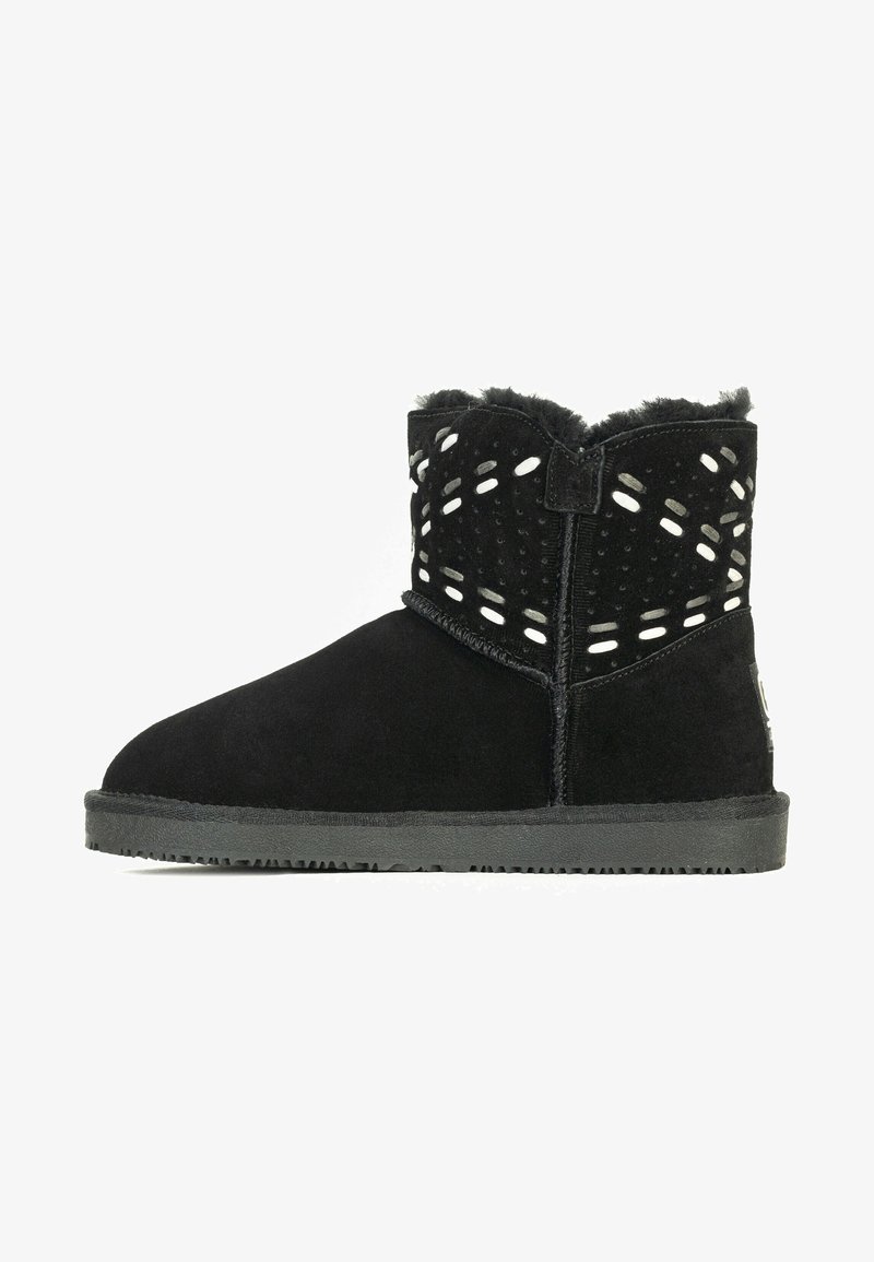 Stivale ankle in suede nero con tomaia textured, caratterizzato da motivi intagliati, foderato in pelliccia e suola in gomma. Inclusi dettagli accentuati sui lati.