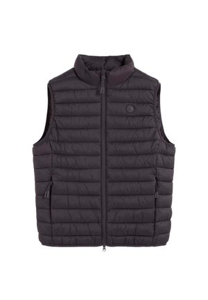 Chaleco negro acolchado sin mangas con cremallera frontal, cuello alto y bolsillos laterales con cremallera, mostrado sobre un fondo blanco.