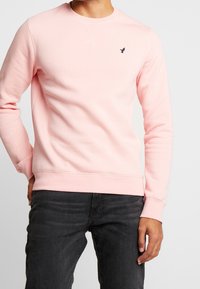 Felpa rosa chiaro con collo rotondo, polsini e orlo a coste, caratterizzata da un piccolo logo blu navy sul petto. Indossata con jeans scuri.