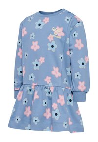 Ljusblå klänning med långa ärmar, blommönster i rosa och blått, veckad kjol och logodetalj på bröstet. Mjuk tyg med ribbade muddar.