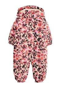 Gepolsterter Overall in Pink mit Leoparddruck in Schwarz- und Rottönen. Ausgestattet mit elastischer Kapuze, Bündchen und zwei Vordertaschen.