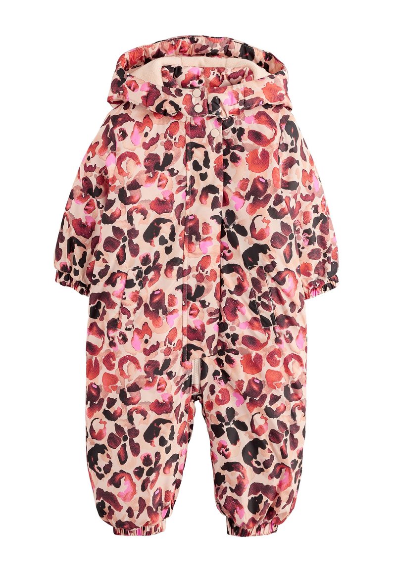 Gepolsterter Overall in Pink mit Leoparddruck in Schwarz- und Rottönen. Ausgestattet mit elastischer Kapuze, Bündchen und zwei Vordertaschen.
