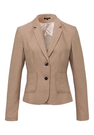 Beige getailleerde damesblazer met gekerfde revers, twee zwarte knopen, lange mouwen, voorzakken en een gladde satijnen voering.