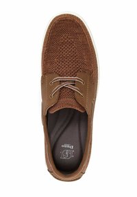 Brown knit sneaker with white sole, featuring decorative laces, textured surface, and logo visible on the insole.