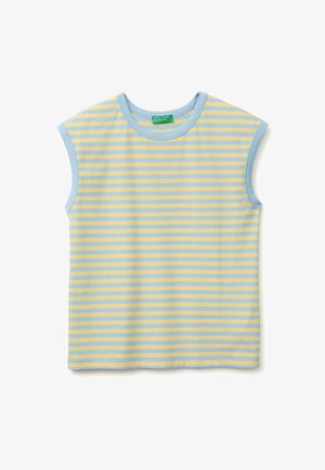 Sleeveless, light blue and yellow horizontal striped shirt with round neckline and green United Colors of Benetton label inside collar.