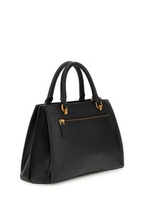 Borsa a mano in pelle nera con manici doppi, accessori dorati e una tasca con zip frontale. Forma strutturata con superficie texturizzata.