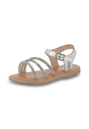 Hvide sandaler til børn med multicolor perleremme, justerbar ankelspænde, flad sål og glat tan indersål. Enkel, åben design.