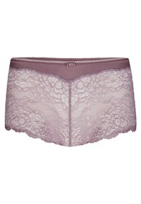 Lace boyshort i myk lavendel med bølget kant, blomstermønster og en glatt midjebånd med en liten dekorativ detalj i midten.