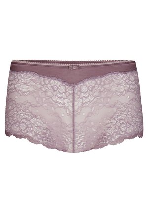 Boyshort in pizzo di un morbido lavanda con orlo scalloppato, motivi floreali e una vita liscia con un piccolo dettaglio decorativo al centro.
