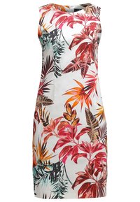 Robe sans manches avec une silhouette ajustée, présentant un fond blanc orné de feuilles tropicales vibrantes rouges, oranges et vertes.