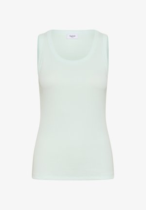 Svetlo mint zelena majica na naramenice, izdelana iz rebraste tkanine, z okroglo izreza in širokimi naramnicami, zasnovana za oprijet silhueto.