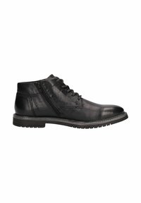 Bottes noires en cuir à la cheville avec une texture lisse, présentant des lacets à l'avant et une fermeture éclair sur le côté. Semelle en caoutchouc pour une bonne adhérence et durabilité.