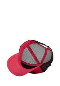 Rote Baseballmütze mit gebogenem Schirm, ausgestattet mit einem schwarzen Netzrücken, verstellbarem Riemen und innen liegendem Markenband entlang der Krone.