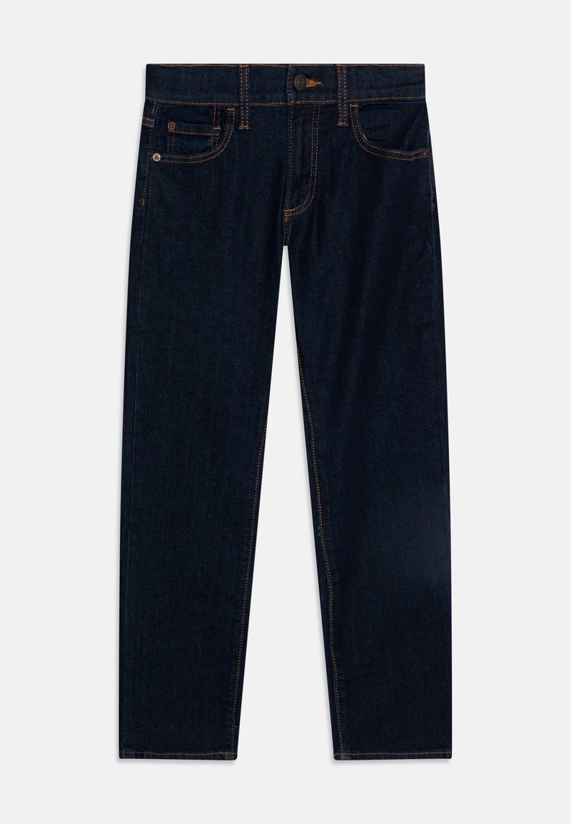 Jean droit bleu foncé avec coutures orange, bouton à l'avant, fermeture éclair, et design à cinq poches, posé à plat sur un fond blanc.