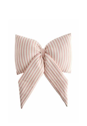 Pink and white striped fabric bow with two large loops and two long tails against a white background.