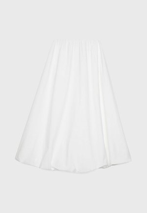 White, high-waisted, A-line skirt with gathered waistband and a smooth, flowing fabric extending to mid-calf length.
