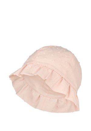 Light pink baby hat with textured dots and a ruffled brim, designed for sun protection and style.