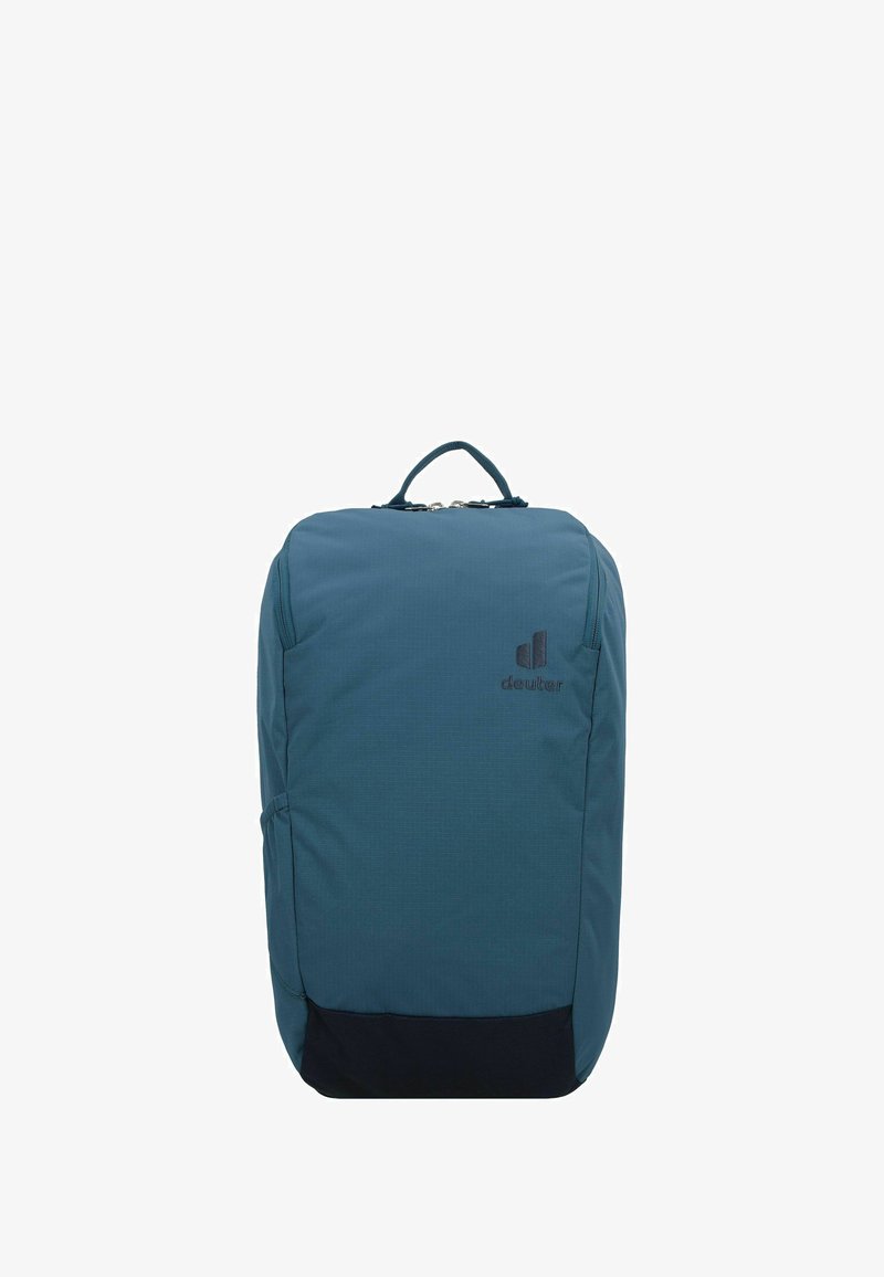 Zaino teal in tessuto, con una texture liscia, maniglia superiore e un pannello inferiore scuro. Include un logo sulla parte anteriore.