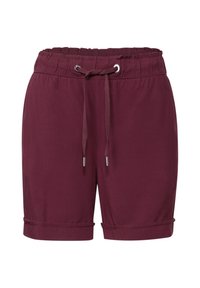 Bordeaux shorts van zacht materiaal, met een elastische tailleband met trekkoord en opgerolde broekspijpen. Geen zichtbare zakken.