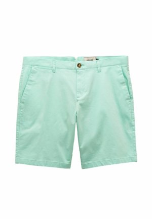 Helle mintgrüne Shorts aus Baumwolle mit einem Knopfverschluss, Gürtelschlaufen und zwei Seitentaschen. Sanfte Textur, taillierte Passform.